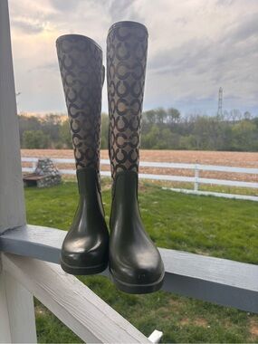 Coach Tristee Tall Monogram Rain Boots in Olive and Brown